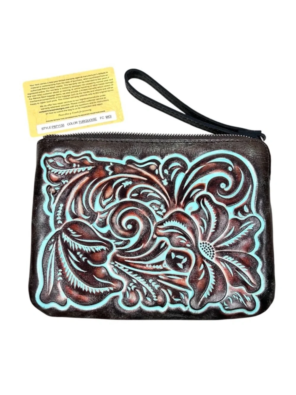 NWOT Patricia Nash Boho Turquoise Tooled Cassini Leather Wristlet Clutch Purse